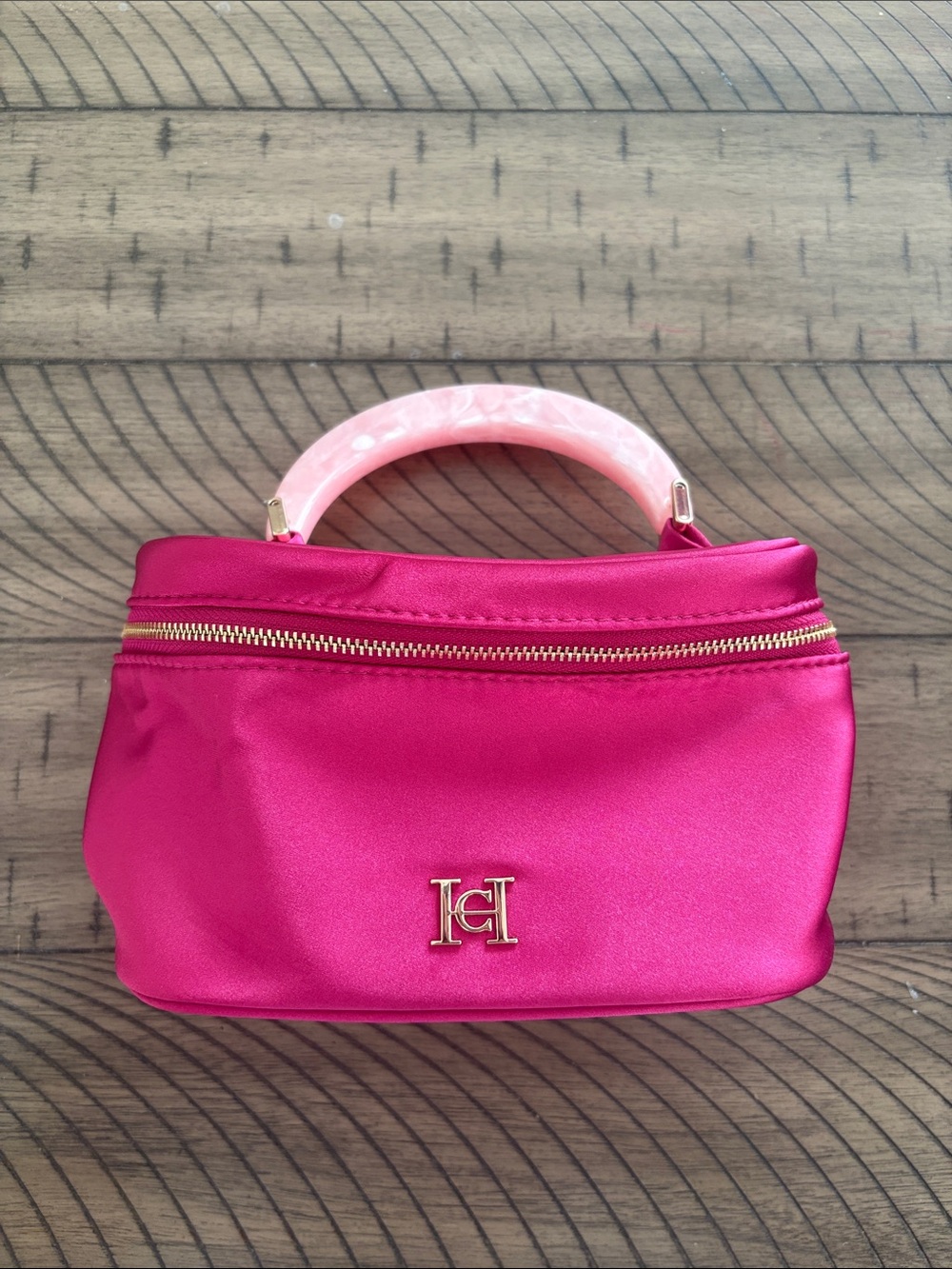 Carolina Herrera Fuchsia Satin Mini Top-Handle Cosmetic Bag with Gold Hardware